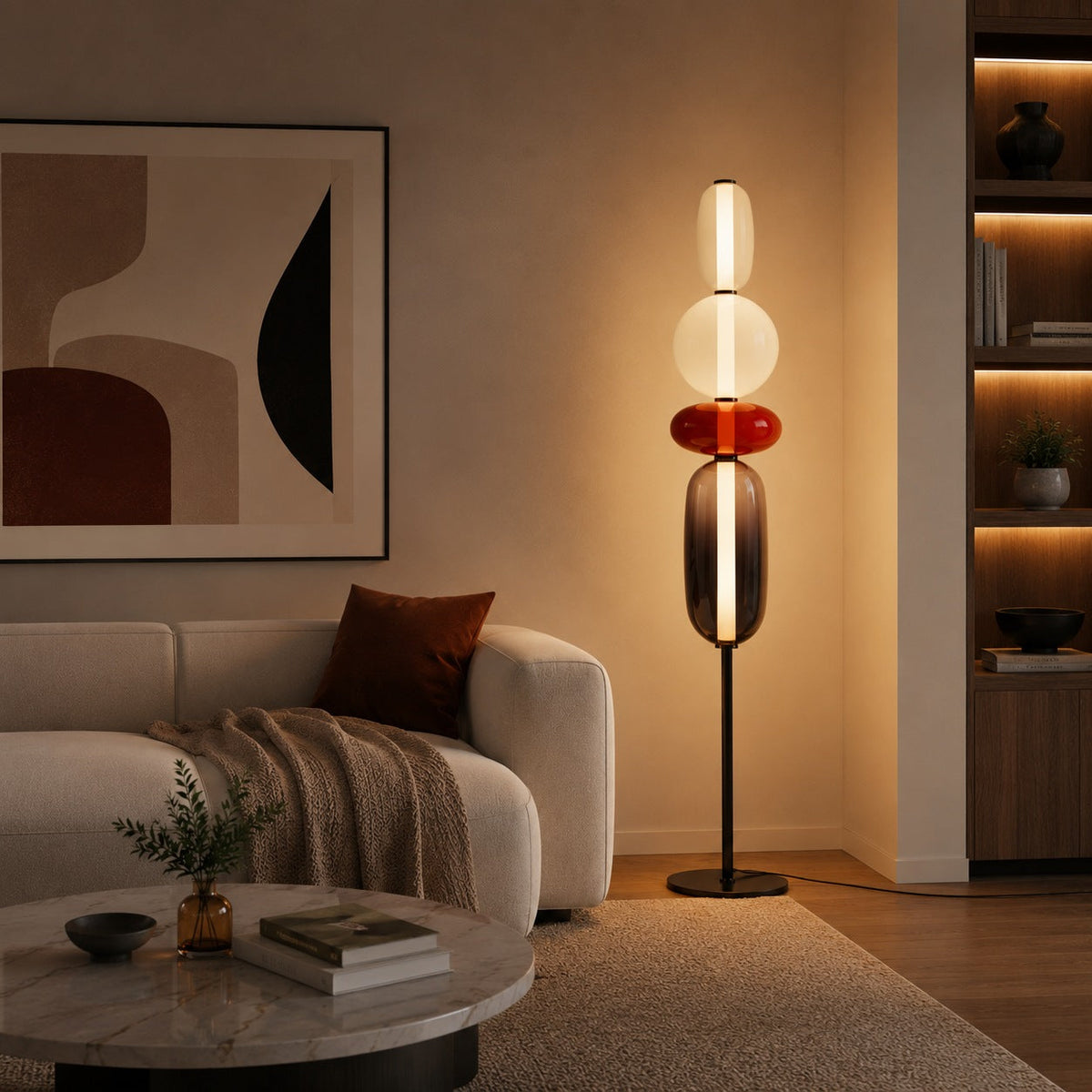 Lampada da terra moderna in vetro — design a ciottoli sovrapposti, altezza regolabile, illuminazione LED