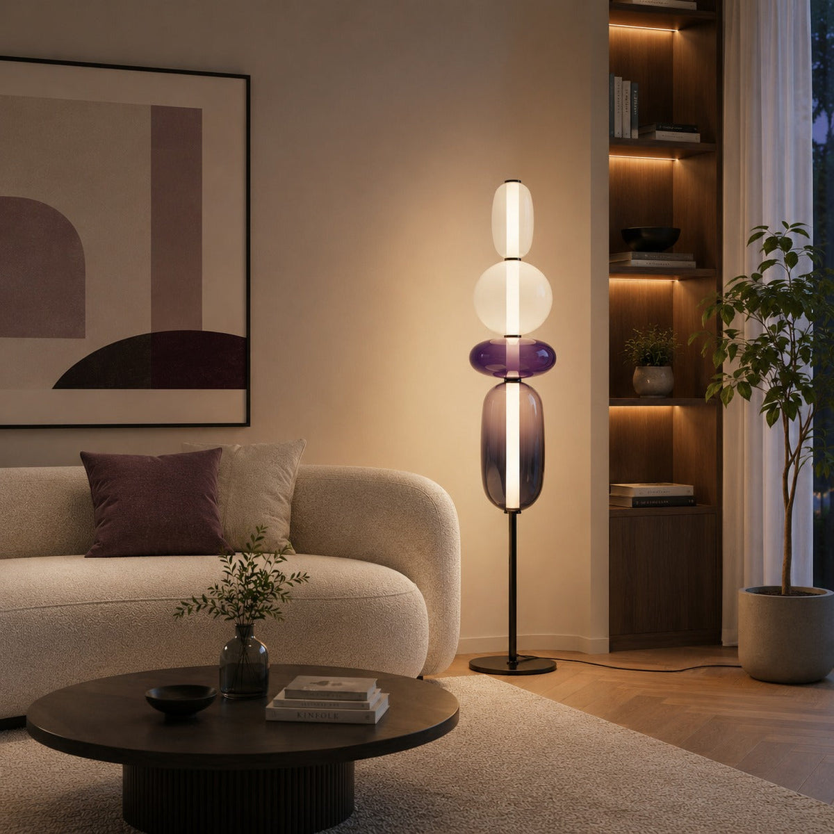 Lampada da terra moderna in vetro — design a ciottoli sovrapposti, altezza regolabile, illuminazione LED