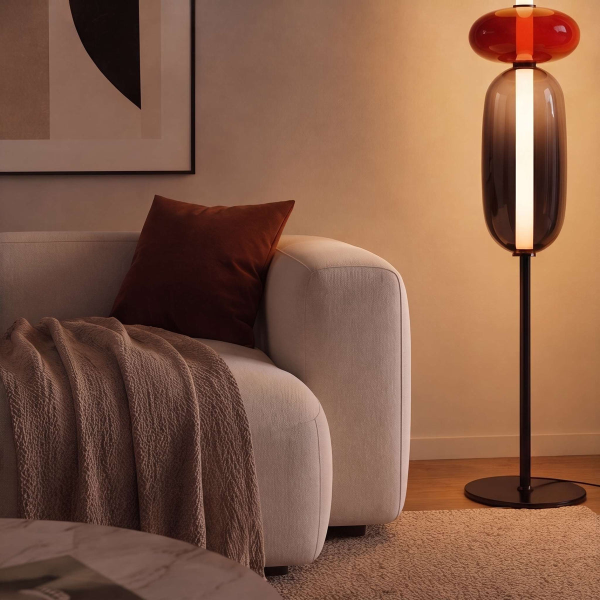 Lampada da terra moderna in vetro — design a ciottoli sovrapposti, altezza regolabile, illuminazione LED