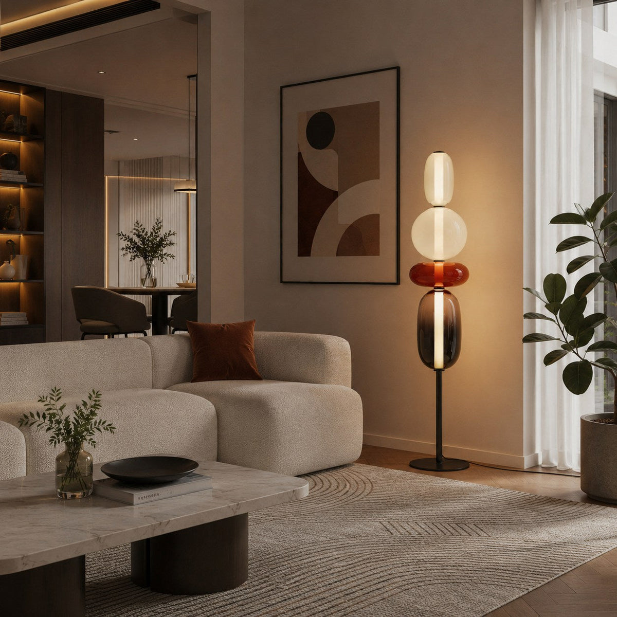 Lampada da terra moderna in vetro — design a ciottoli sovrapposti, altezza regolabile, illuminazione LED