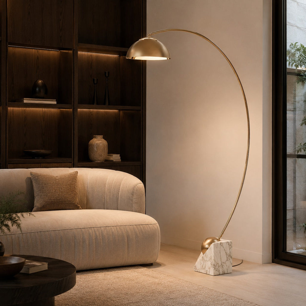 Modern LED Floor Lamp — Adjustable 60-72 Inch Height, Gold Marble Base, White & Gold Shade