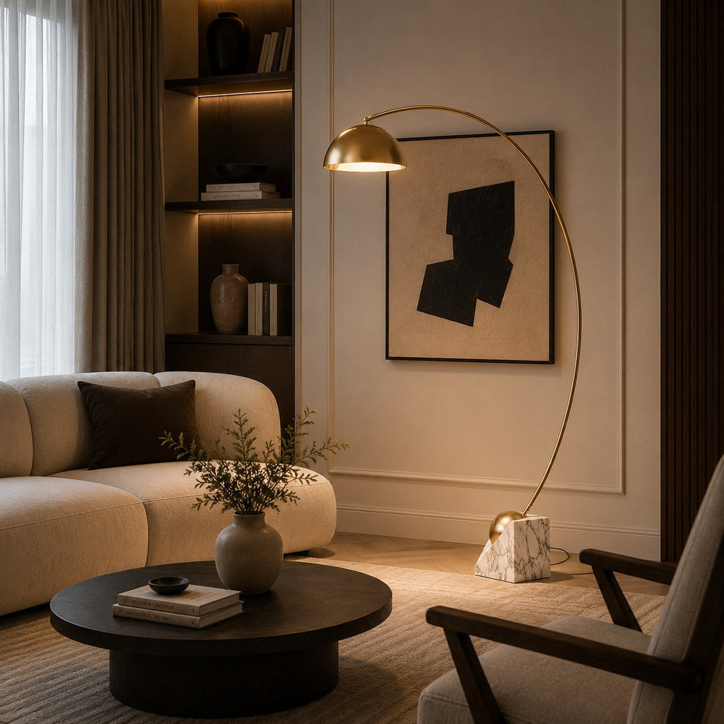 Modern LED Floor Lamp — Adjustable 60-72 Inch Height, Gold Marble Base, White & Gold Shade