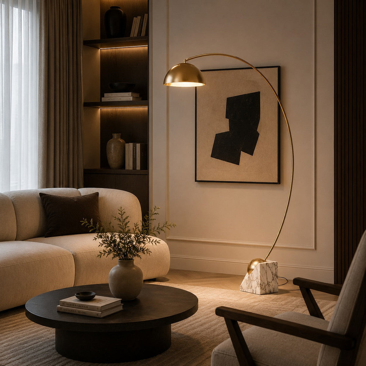 Modern LED Floor Lamp — Adjustable 60-72 Inch Height, Gold Marble Base, White & Gold Shade