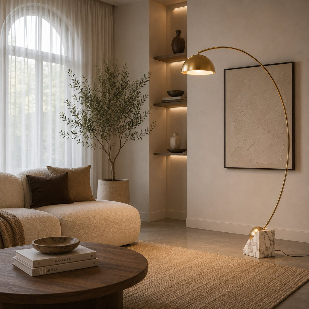 Modern LED Floor Lamp — Adjustable 60-72 Inch Height, Gold Marble Base, White & Gold Shade