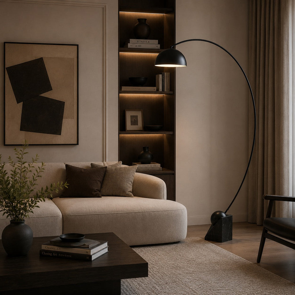Modern LED Floor Lamp — Adjustable 60-72 Inch Height, Gold Marble Base, White & Gold Shade