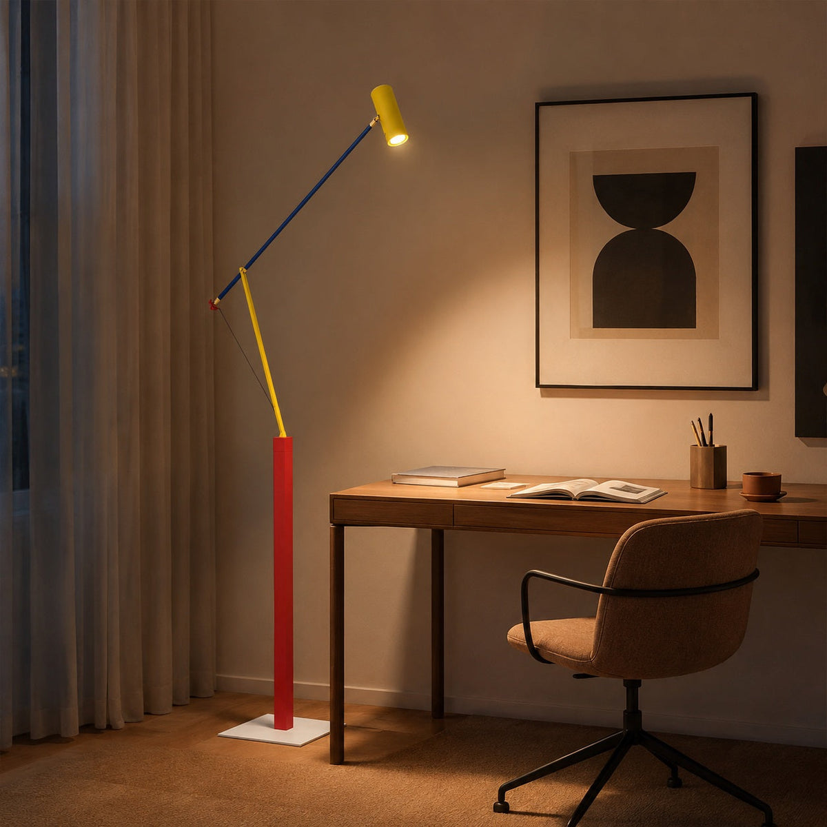 Lampada da terra moderna — altezza regolabile, struttura in ferro, paralume in alluminio, luce LED calda