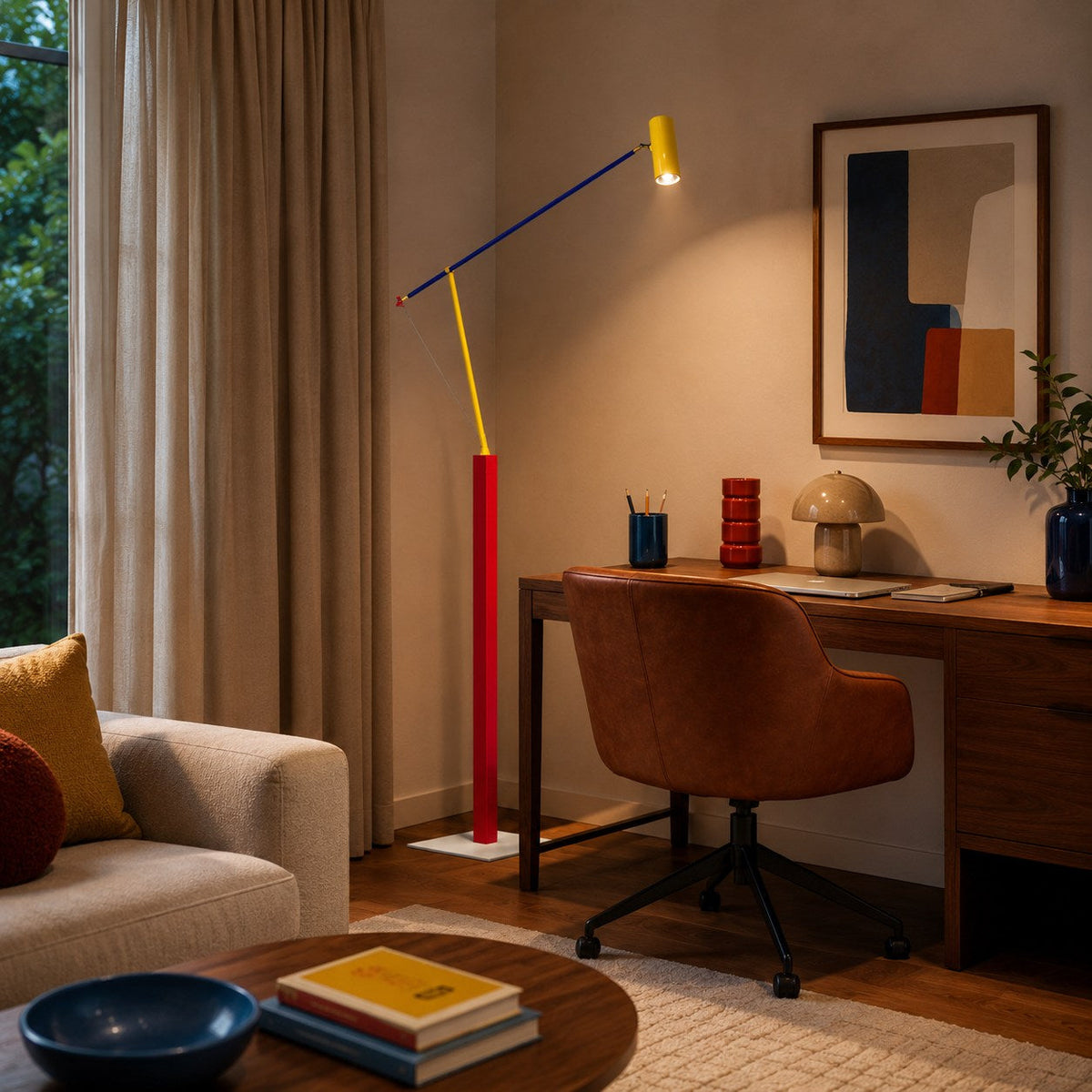 Lampada da terra moderna — altezza regolabile, struttura in ferro, paralume in alluminio, luce LED calda