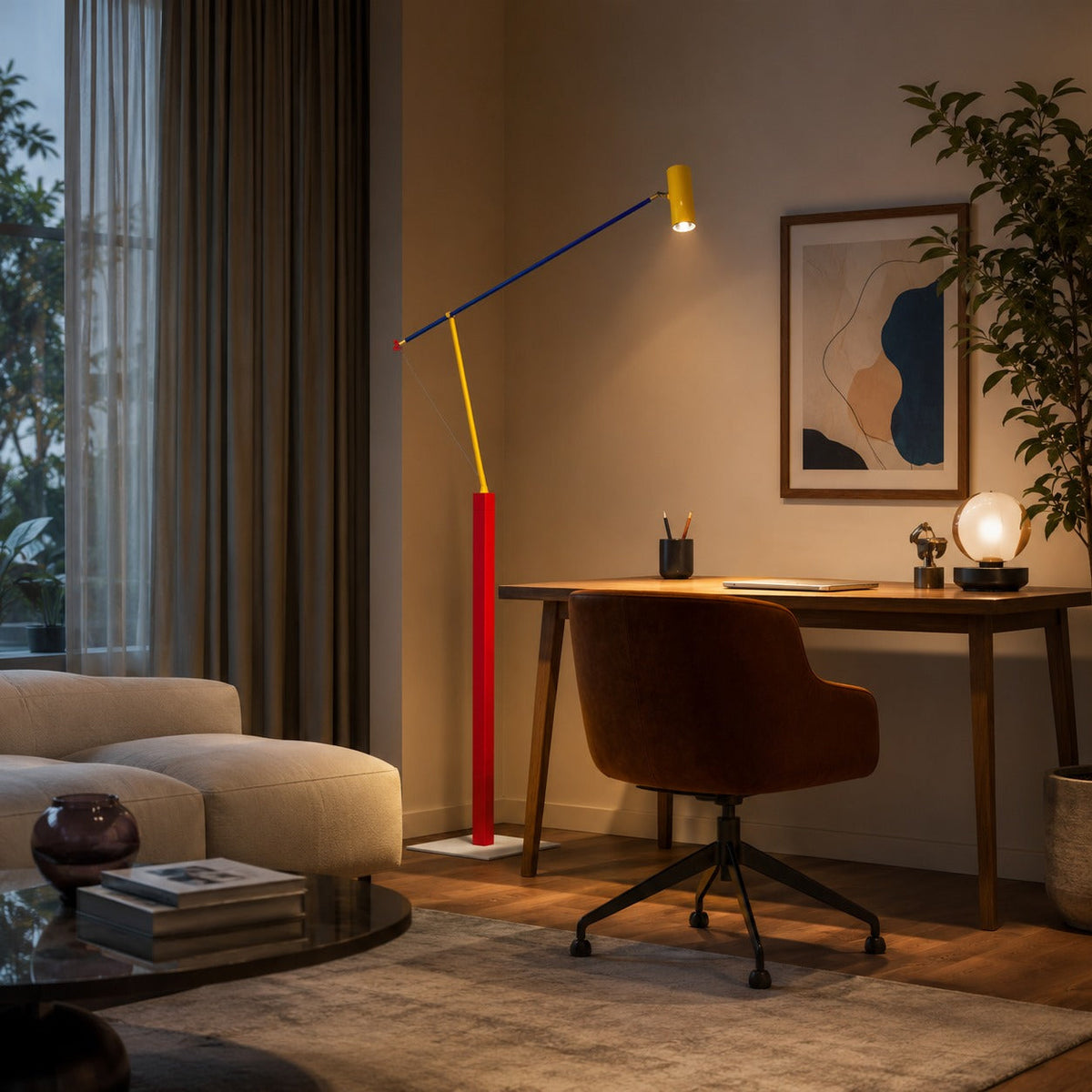 Lampada da terra moderna — altezza regolabile, struttura in ferro, paralume in alluminio, luce LED calda
