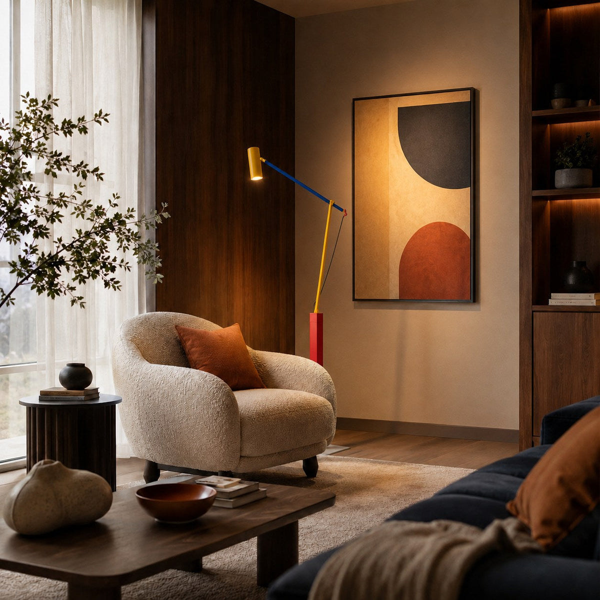 Lampada da terra moderna — altezza regolabile, struttura in ferro, paralume in alluminio, luce LED calda