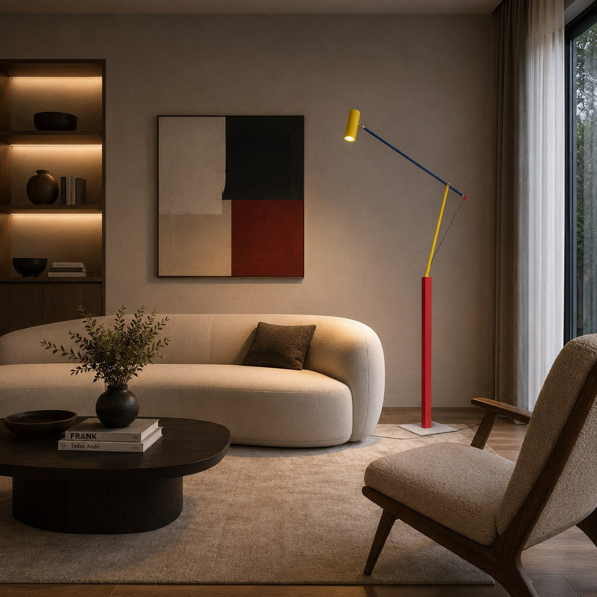 Lampada da terra moderna — altezza regolabile, struttura in ferro, paralume in alluminio, luce LED calda
