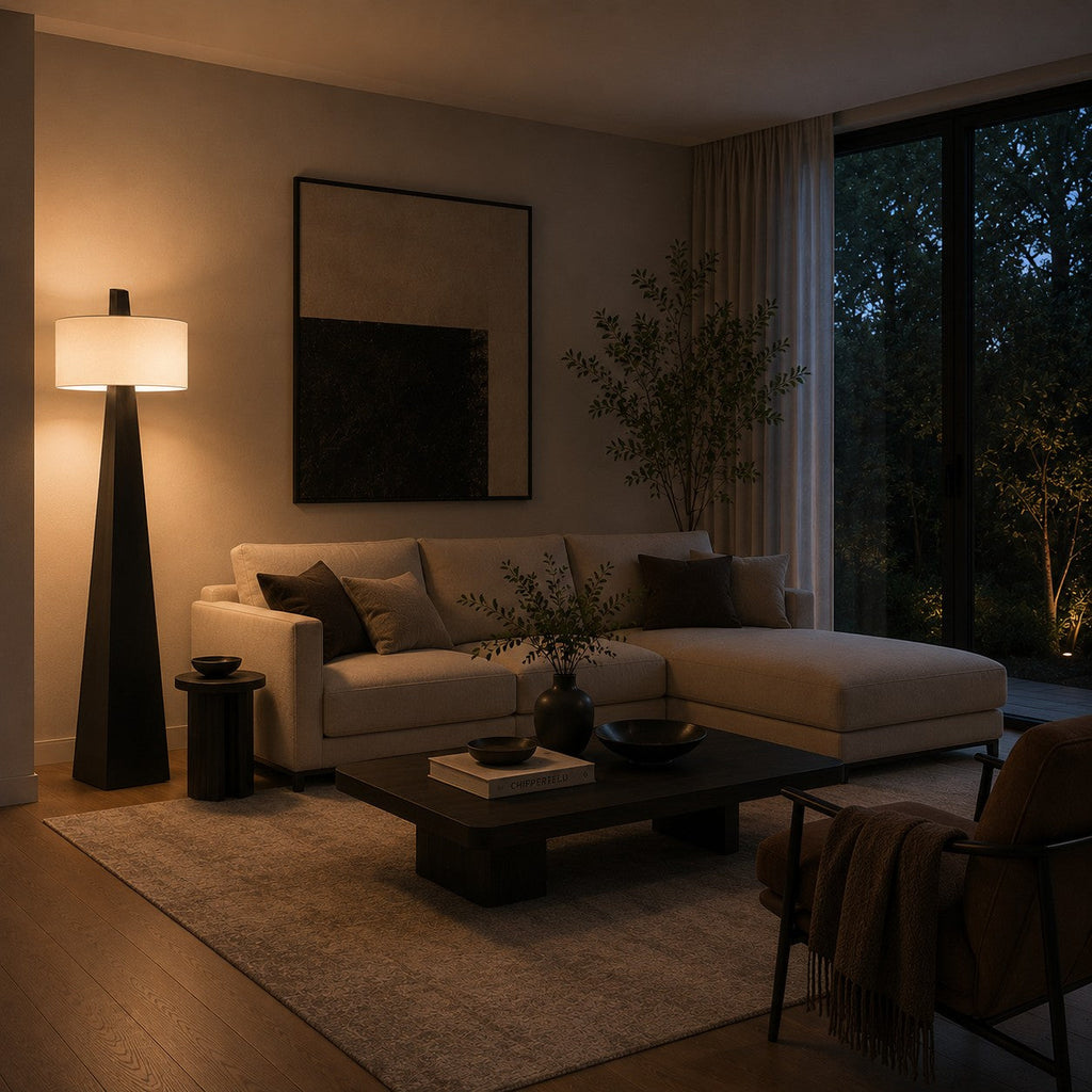 Modern Asymmetrical Floor Lamp — Adjustable Height, Iron Body, Fabric Shade