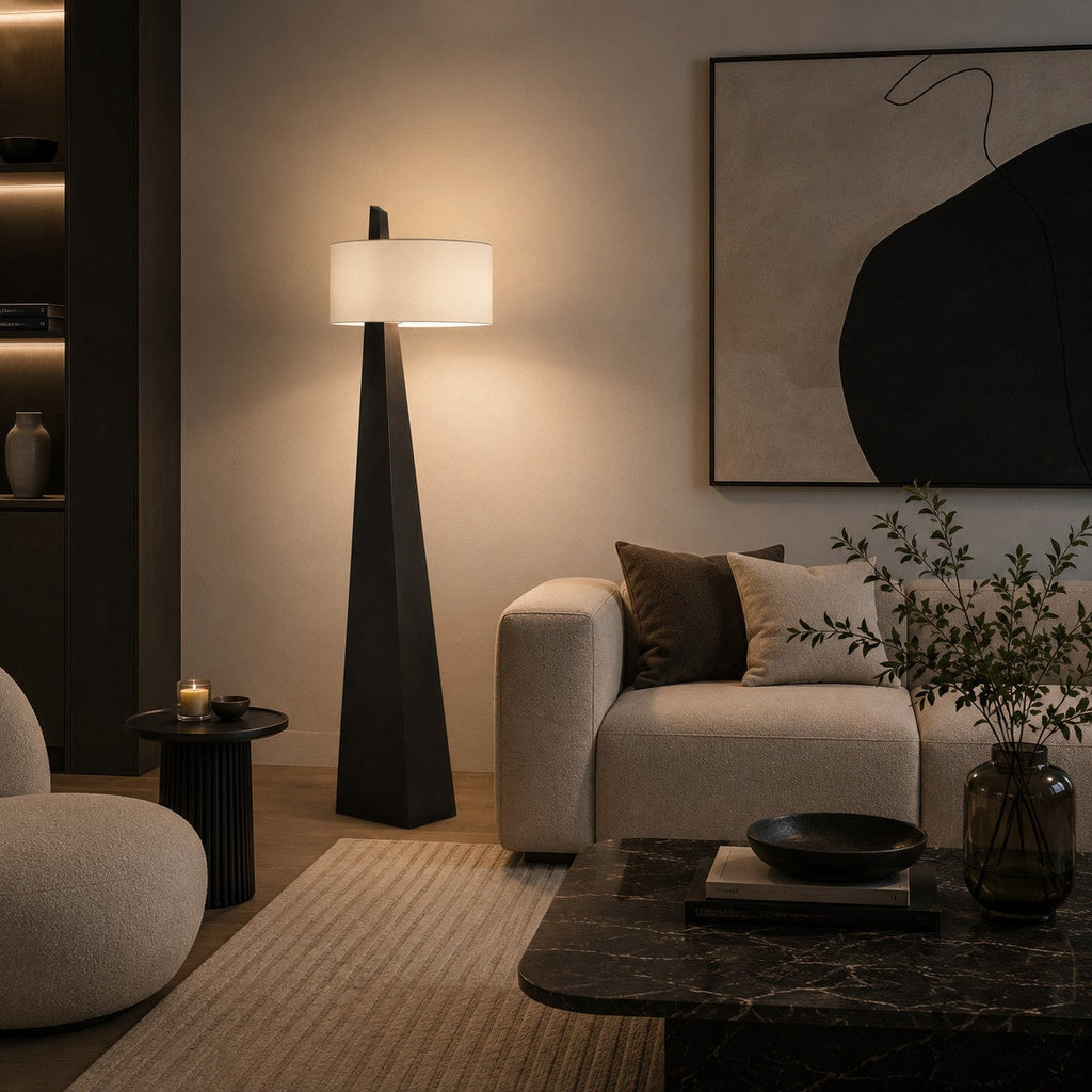 Modern Asymmetrical Floor Lamp — Adjustable Height, Iron Body, Fabric Shade