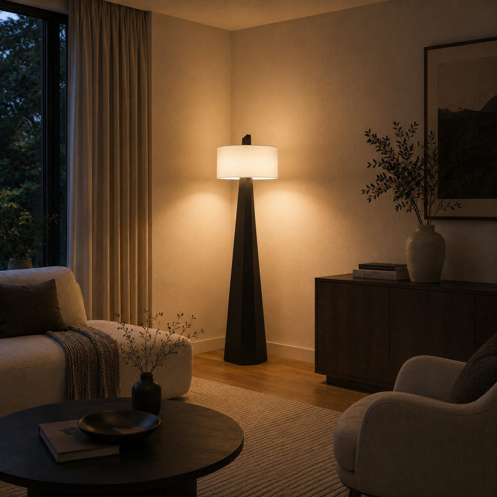 Modern Asymmetrical Floor Lamp — Adjustable Height, Iron Body, Fabric Shade