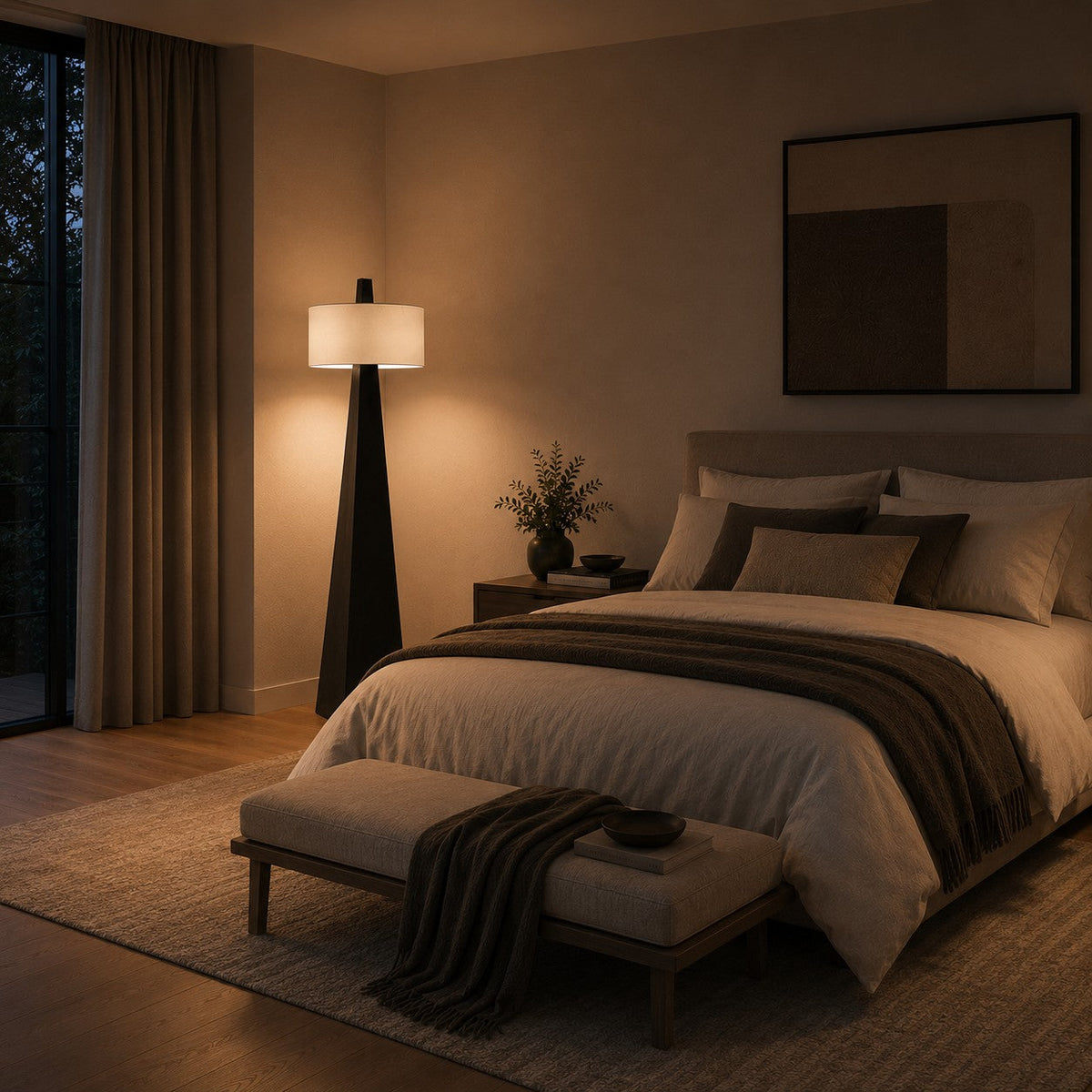 Modern Asymmetrical Floor Lamp — Adjustable Height, Iron Body, Fabric Shade