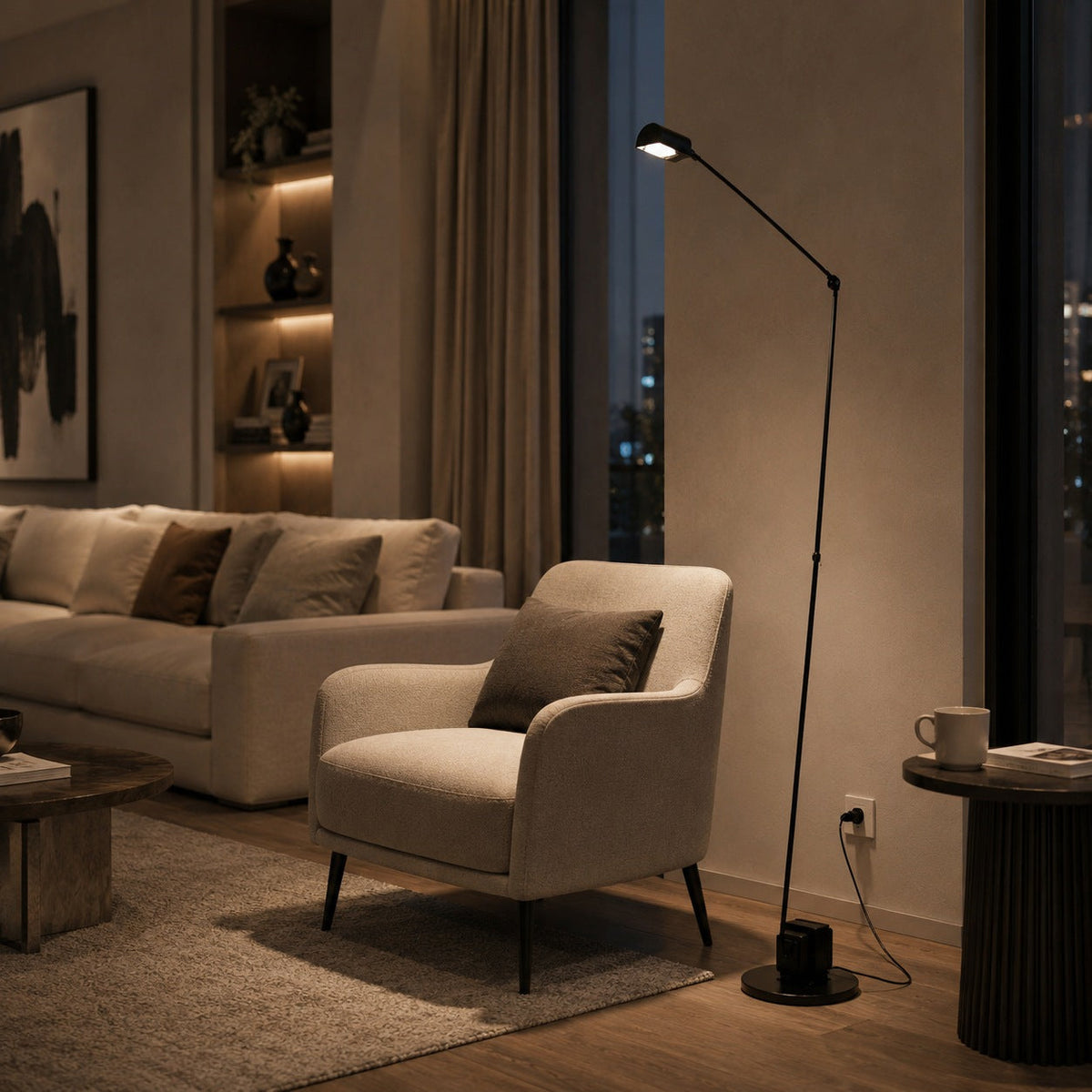 Modern Adjustable Height Floor Lamp — Metal Shade, Integrated LED Lighting