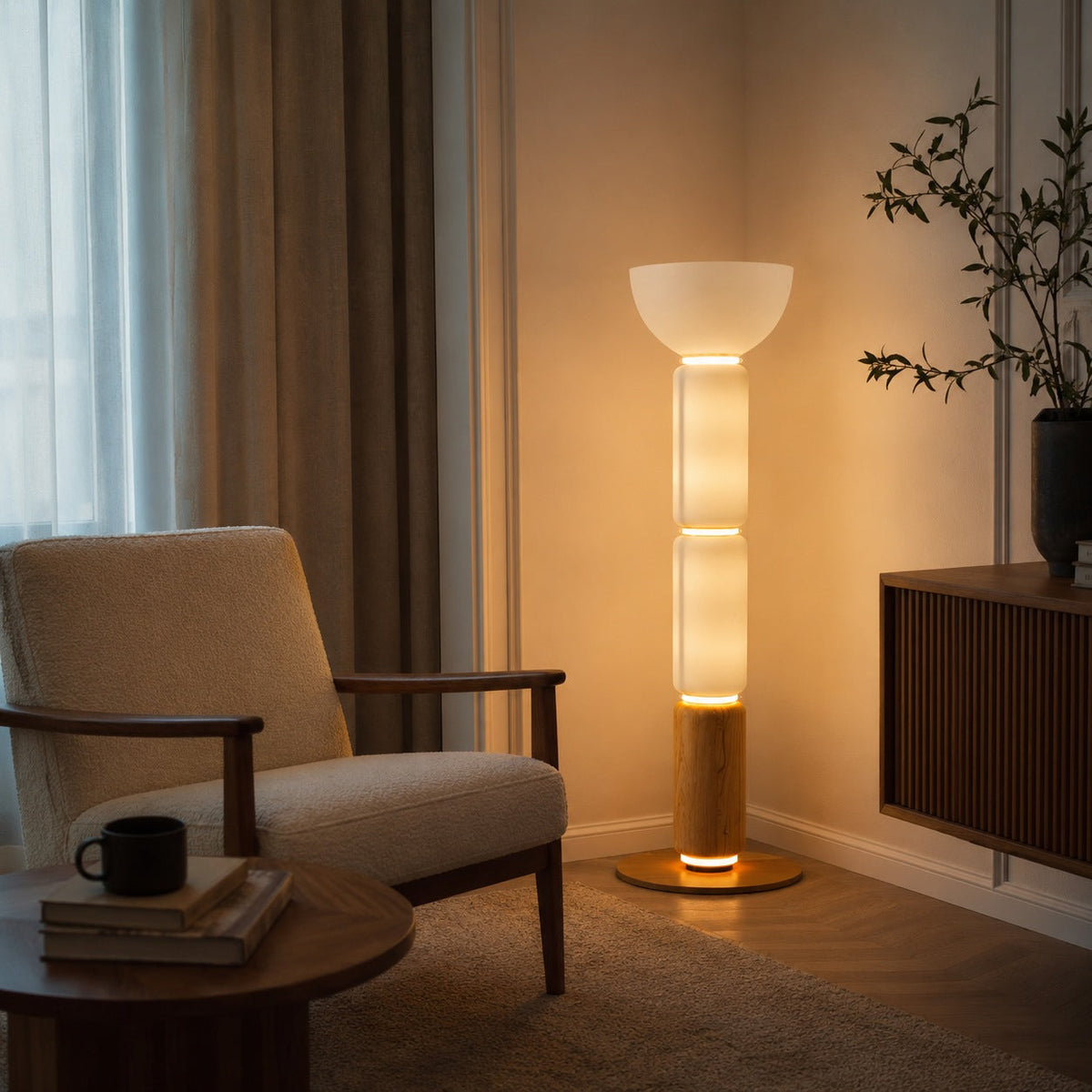 Lampada da terra moderna, altezza regolabile - base in ferro battuto, paralume in vetro e illuminazione LED