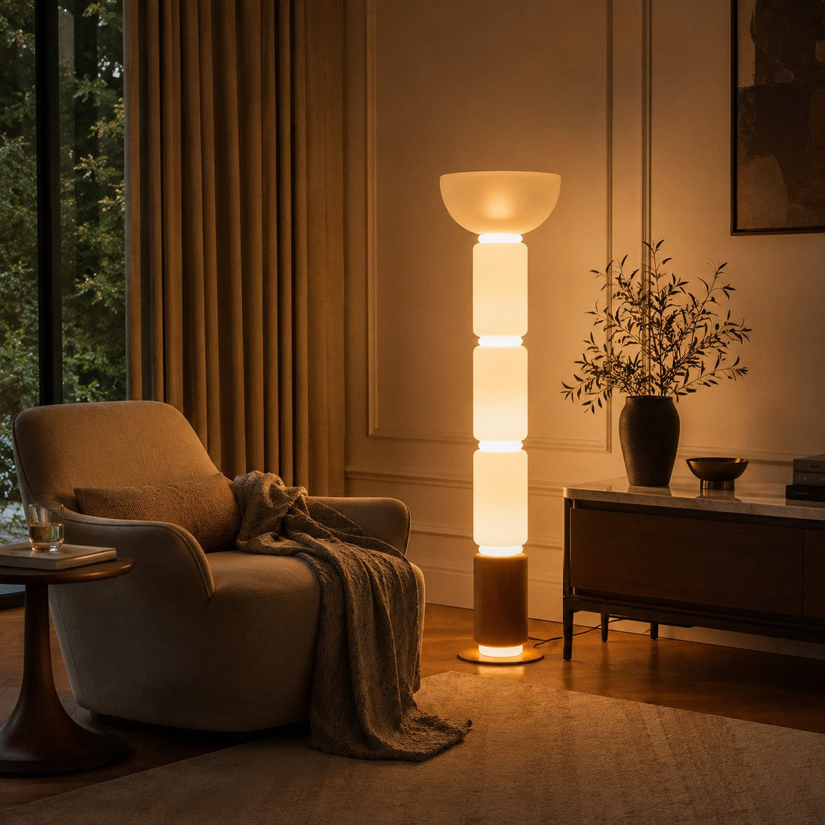 Lampada da terra moderna, altezza regolabile - base in ferro battuto, paralume in vetro e illuminazione LED