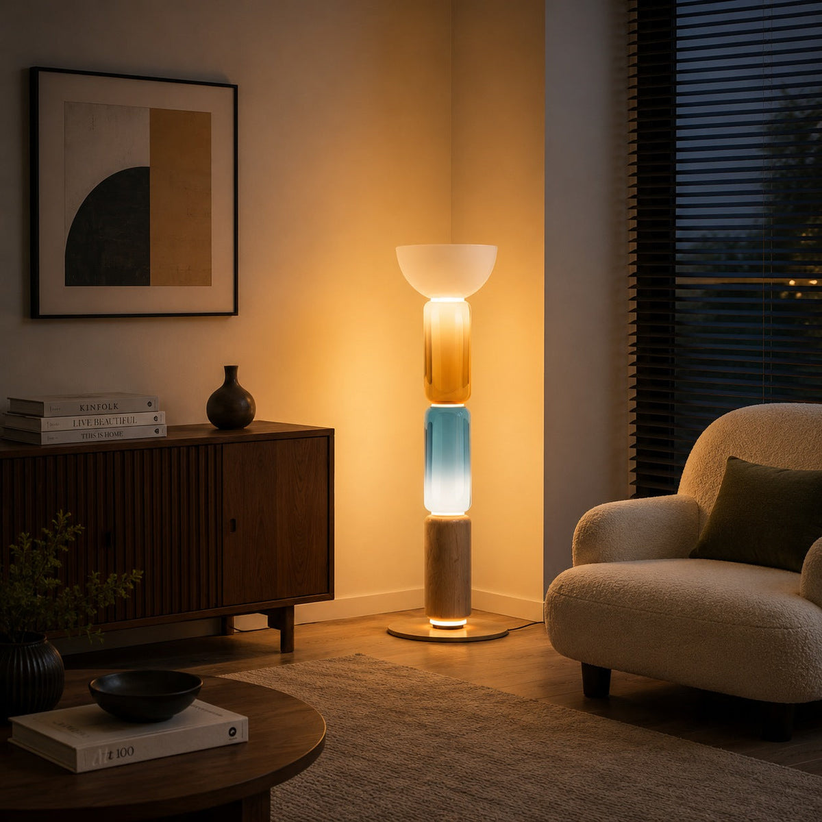 Lampada da terra moderna, altezza regolabile - base in ferro battuto, paralume in vetro e illuminazione LED