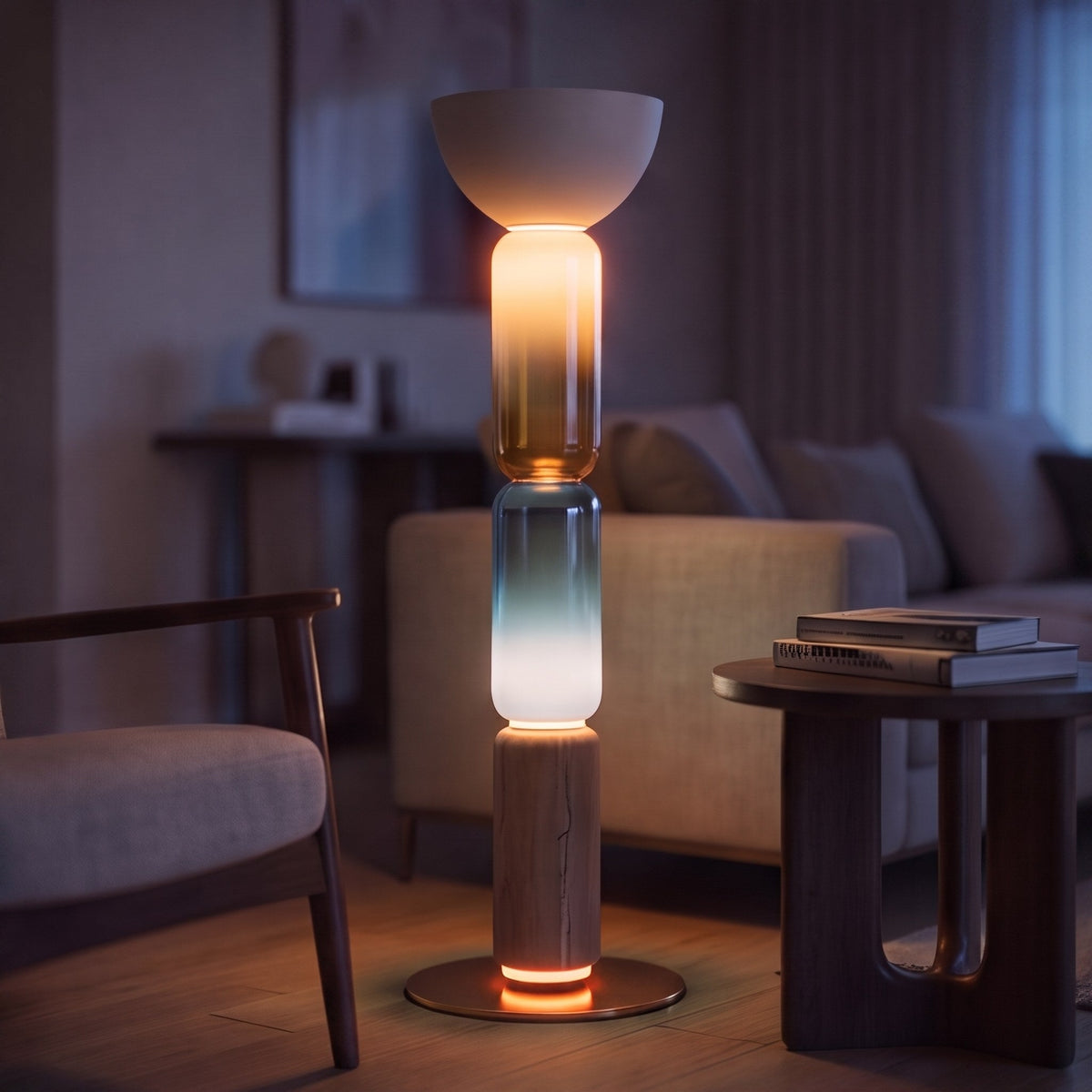 Lampada da terra moderna, altezza regolabile - base in ferro battuto, paralume in vetro e illuminazione LED
