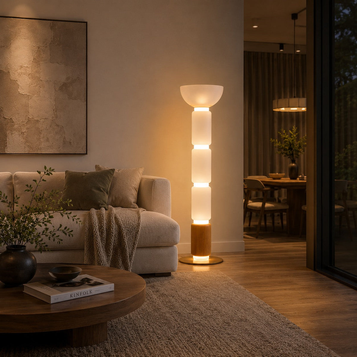 Lampada da terra moderna, altezza regolabile - base in ferro battuto, paralume in vetro e illuminazione LED