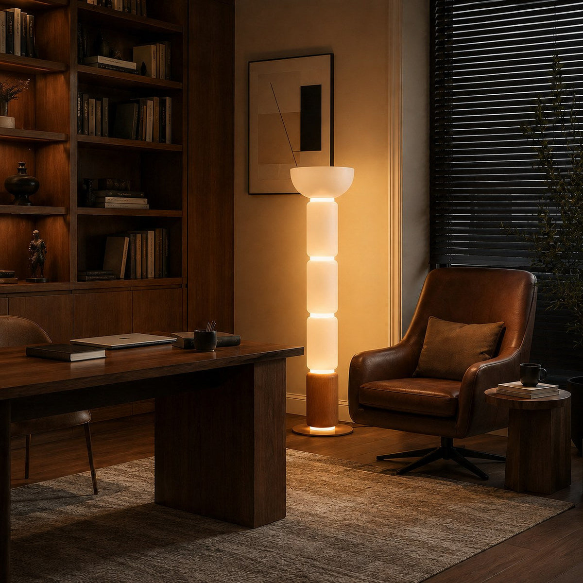 Lampada da terra moderna, altezza regolabile - base in ferro battuto, paralume in vetro e illuminazione LED