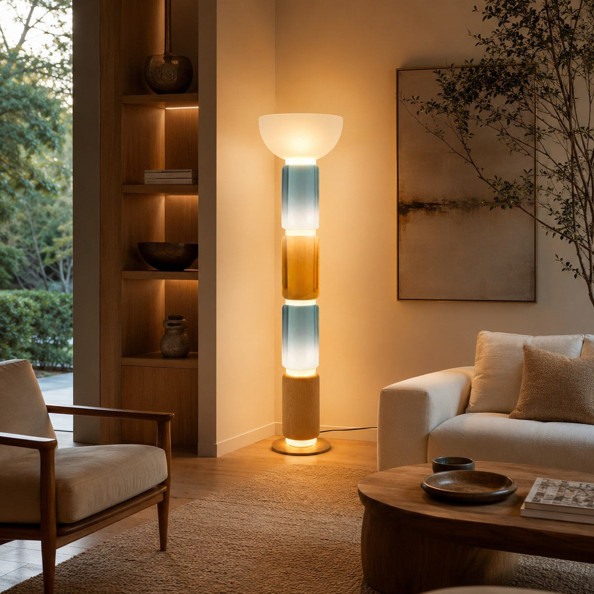 Lampada da terra moderna, altezza regolabile - base in ferro battuto, paralume in vetro e illuminazione LED
