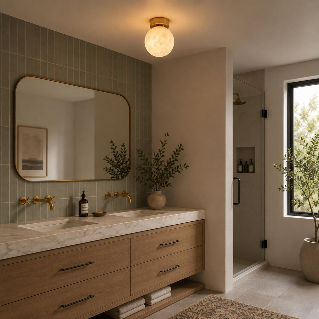 Modern Flush Mount Ceiling Light — Copper and Alabaster Marble, Soft Ambient Glow