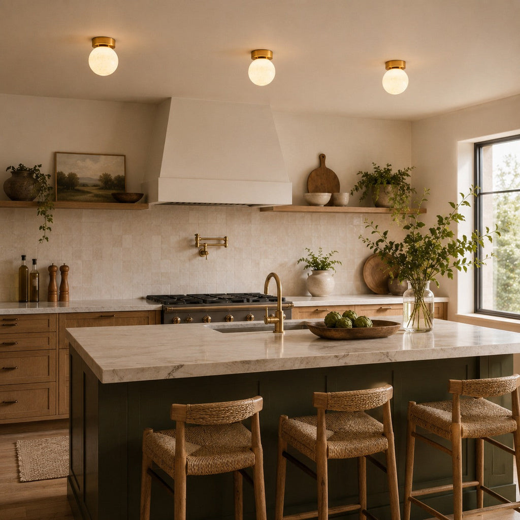 Modern Flush Mount Ceiling Light — Copper and Alabaster Marble, Soft Ambient Glow