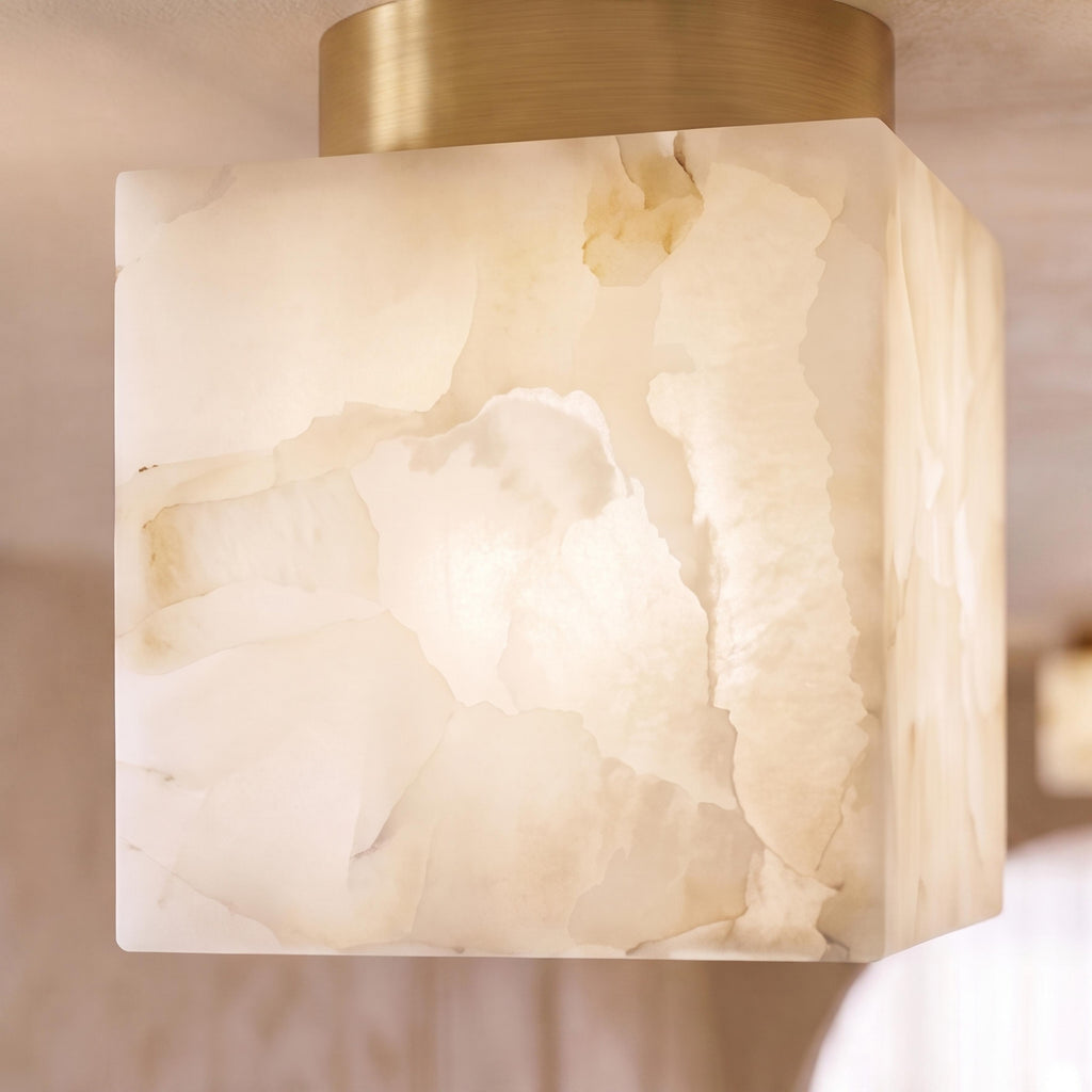 Modern Flush Mount Ceiling Light — Copper and Alabaster Marble, Soft Ambient Glow