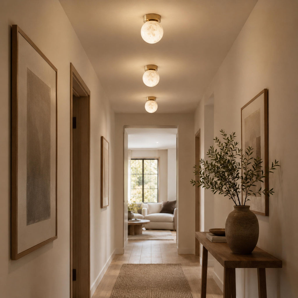 Modern Flush Mount Ceiling Light — Copper and Alabaster Marble, Soft Ambient Glow