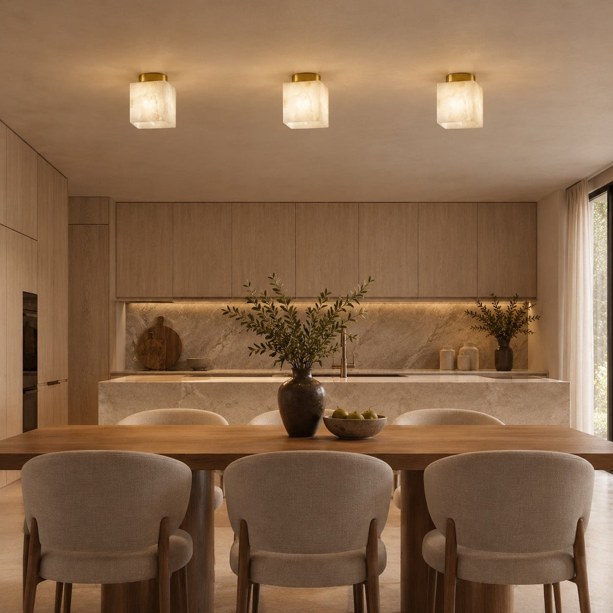 Modern Flush Mount Ceiling Light — Copper and Alabaster Marble, Soft Ambient Glow