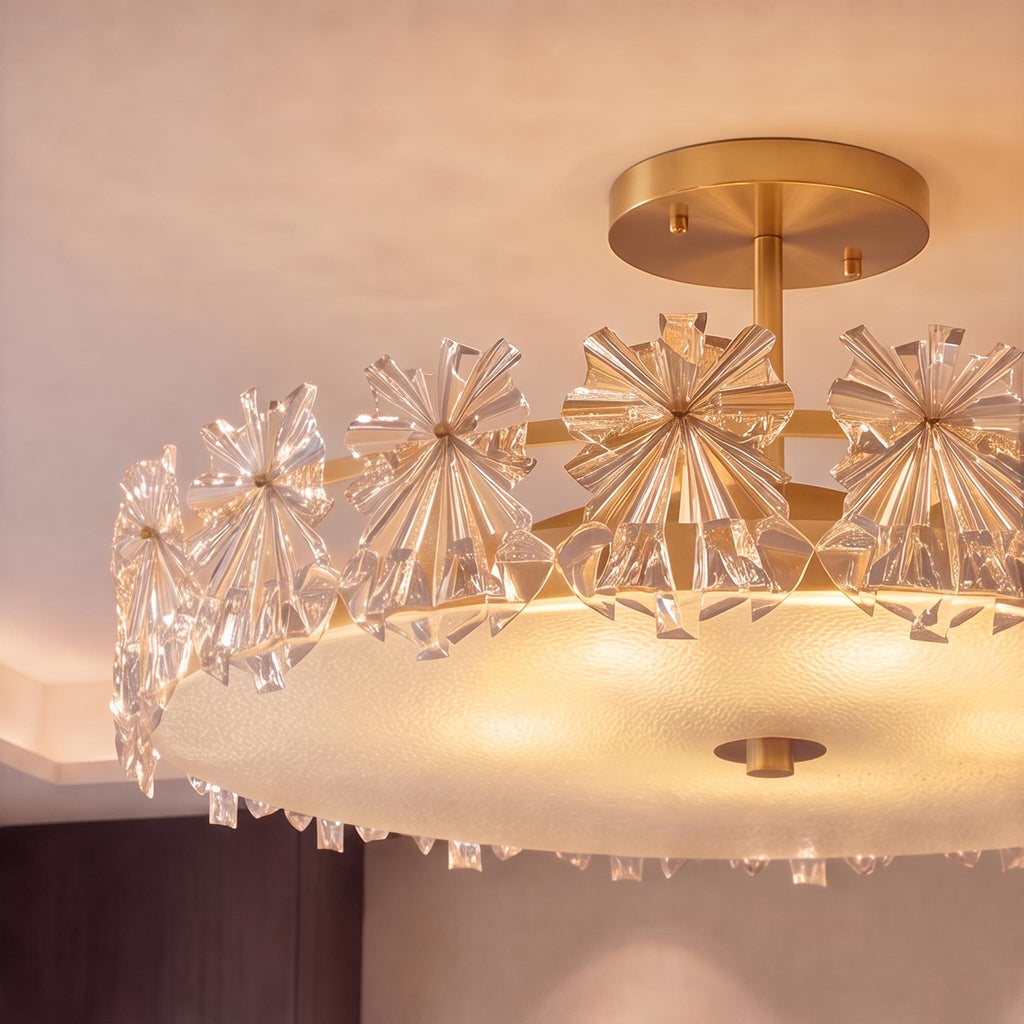 Modern Starburst Flush Mount Ceiling Light — Copper Frame, Textured Glass Diffuser