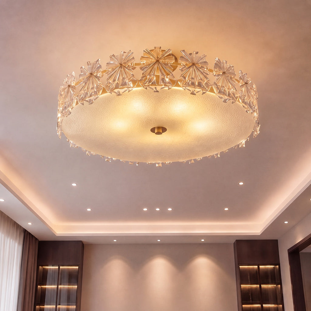 Modern Starburst Flush Mount Ceiling Light — Copper Frame, Textured Glass Diffuser