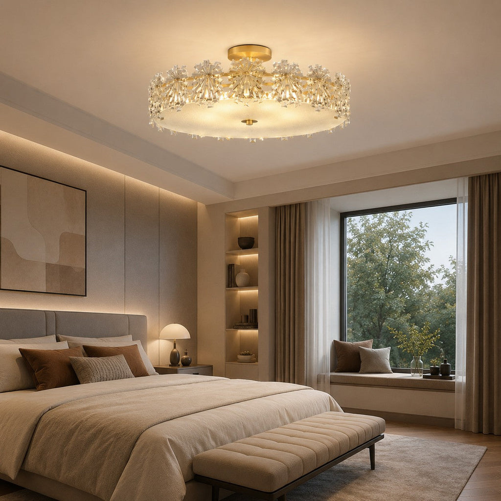 Modern Starburst Flush Mount Ceiling Light — Copper Frame, Textured Glass Diffuser
