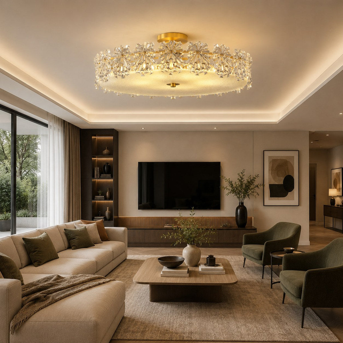 Modern Starburst Flush Mount Ceiling Light — Copper Frame, Textured Glass Diffuser
