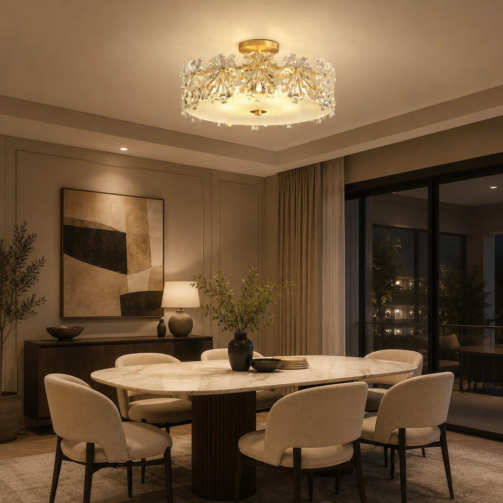 Modern Starburst Flush Mount Ceiling Light — Copper Frame, Textured Glass Diffuser