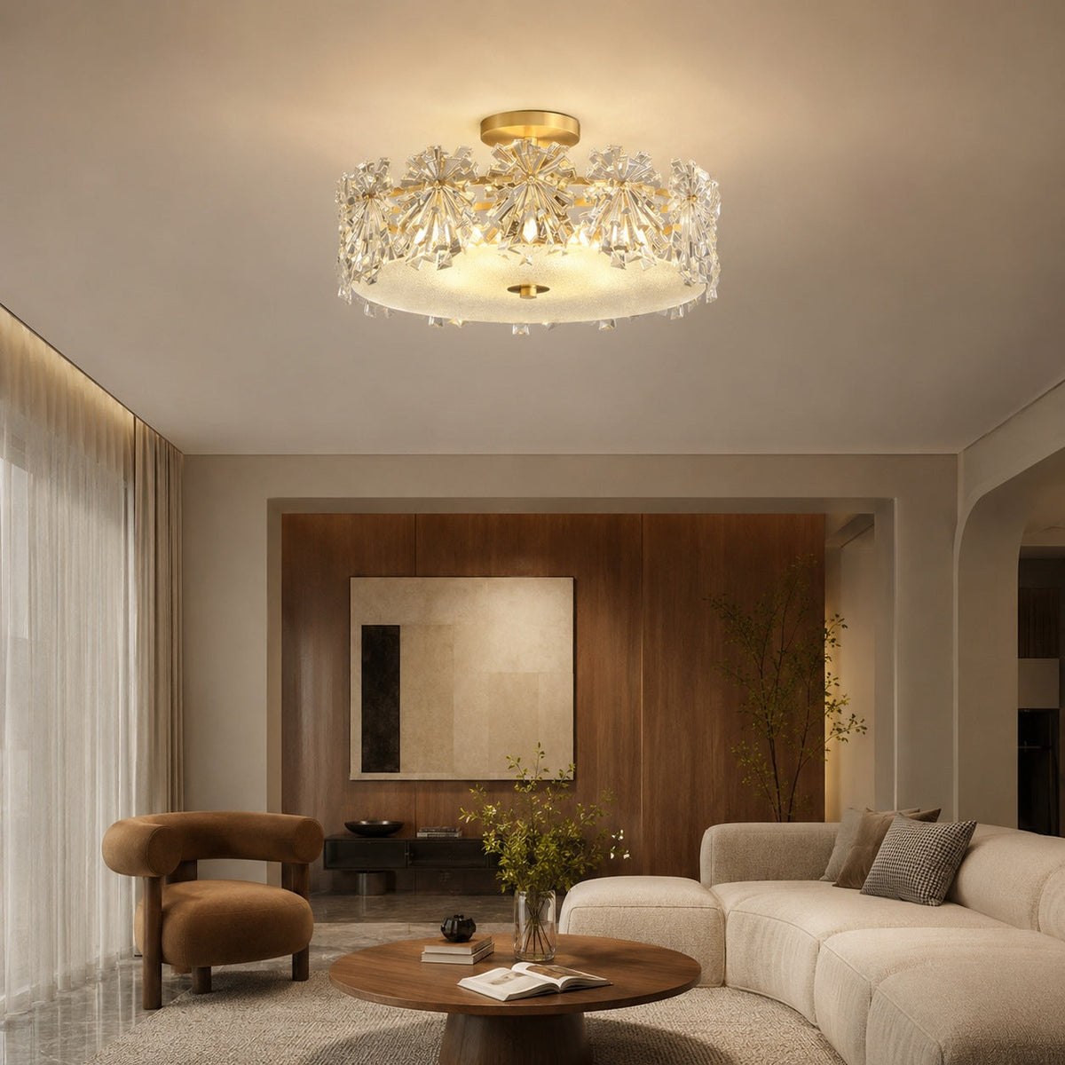 Modern Starburst Flush Mount Ceiling Light — Copper Frame, Textured Glass Diffuser