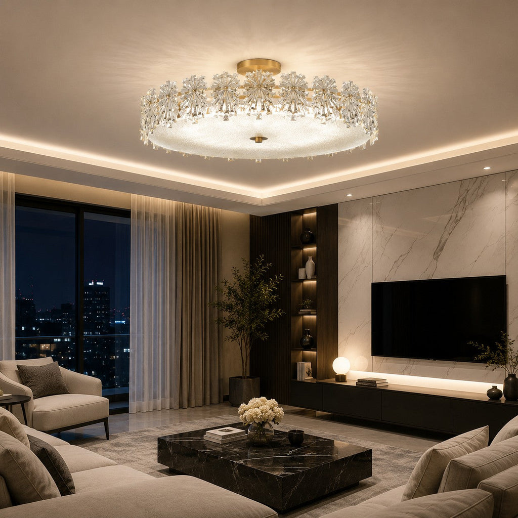Modern Starburst Flush Mount Ceiling Light — Copper Frame, Textured Glass Diffuser