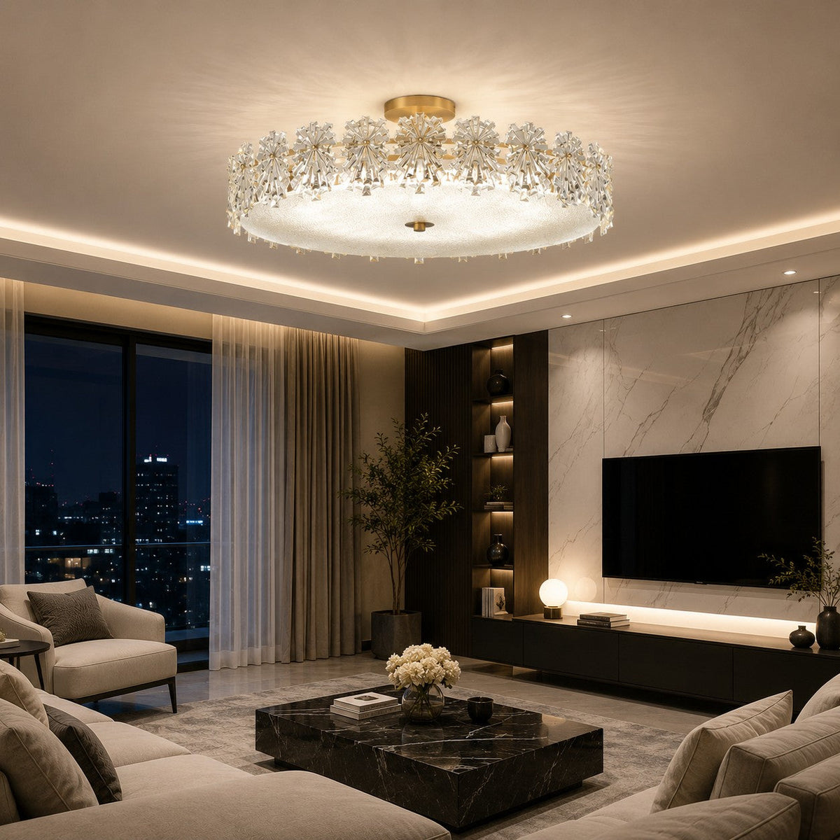 Modern Starburst Flush Mount Ceiling Light — Copper Frame, Textured Glass Diffuser