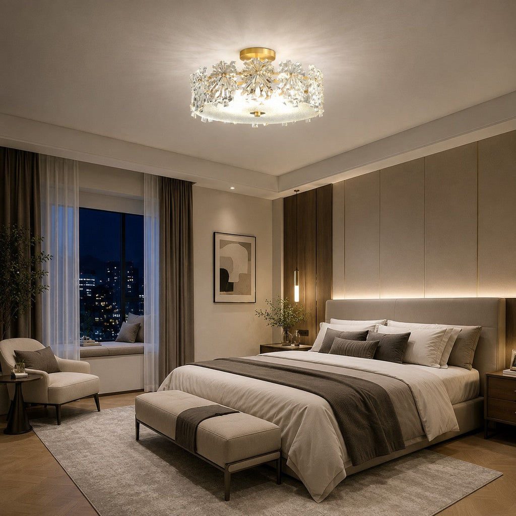 Modern Starburst Flush Mount Ceiling Light — Copper Frame, Textured Glass Diffuser