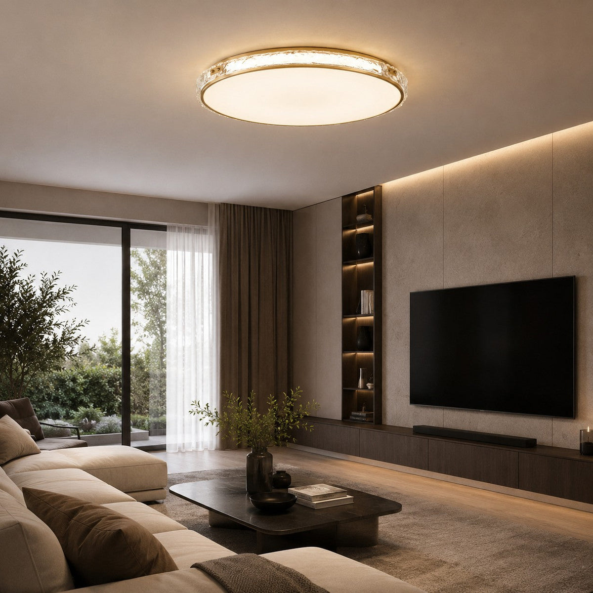 Modern Flush Mount Ceiling Light — Copper Trim, Glass Diffuser, Soft Ambient Glow