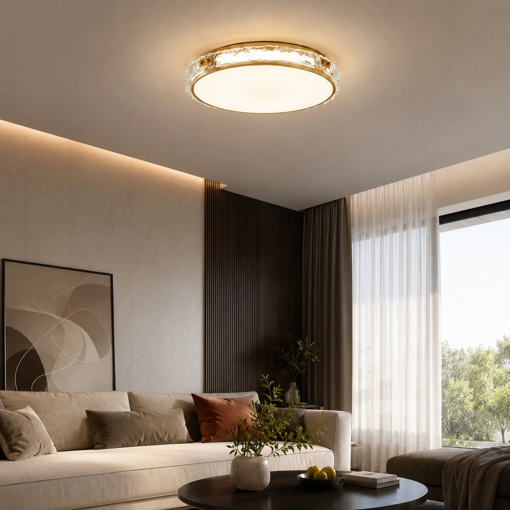 Modern Flush Mount Ceiling Light — Copper Trim, Glass Diffuser, Soft Ambient Glow