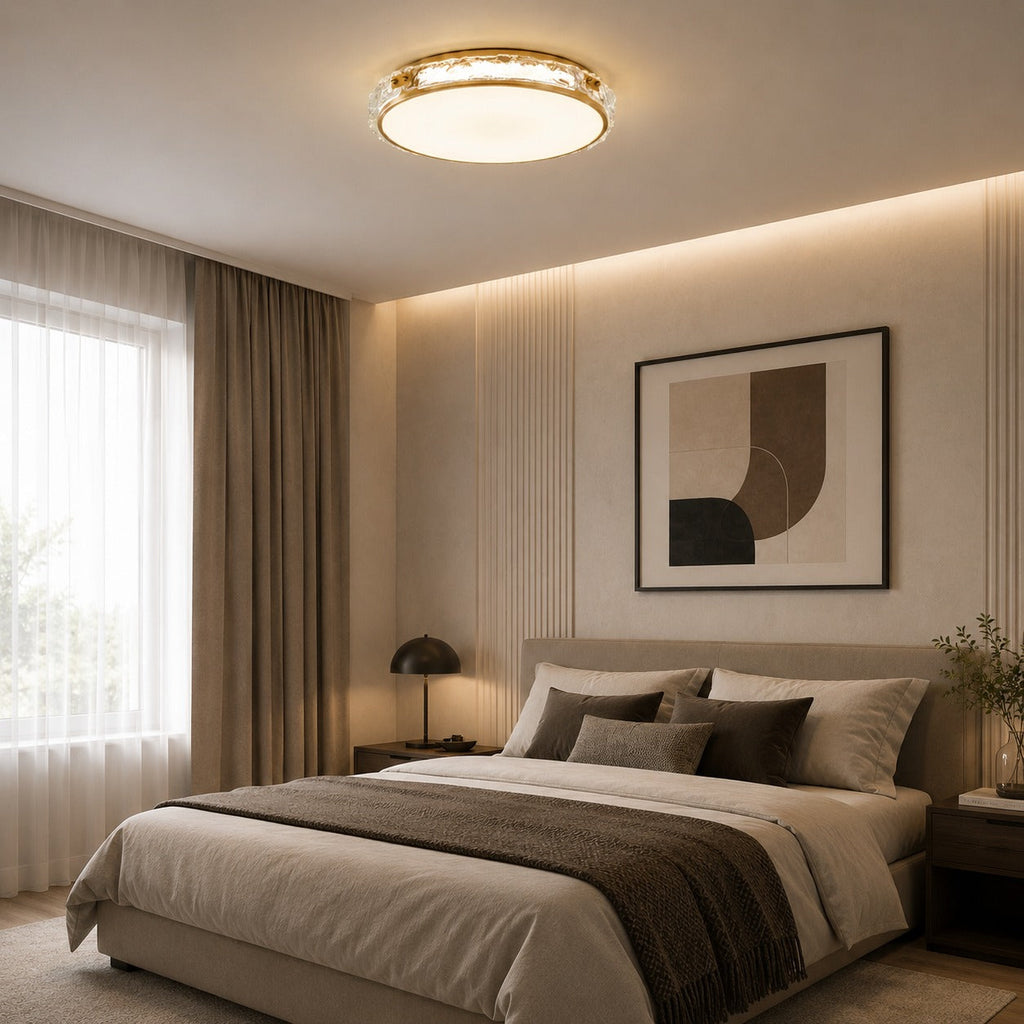 Modern Flush Mount Ceiling Light — Copper Trim, Glass Diffuser, Soft Ambient Glow