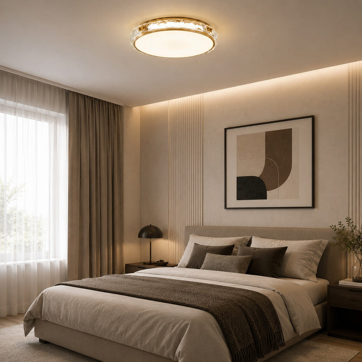 Modern Flush Mount Ceiling Light — Copper Trim, Glass Diffuser, Soft Ambient Glow
