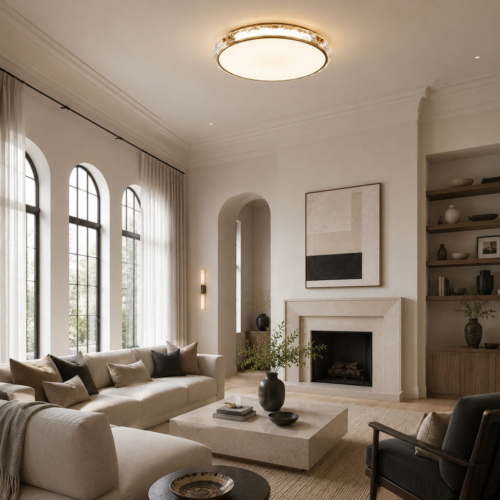 Modern Flush Mount Ceiling Light — Copper Trim, Glass Diffuser, Soft Ambient Glow