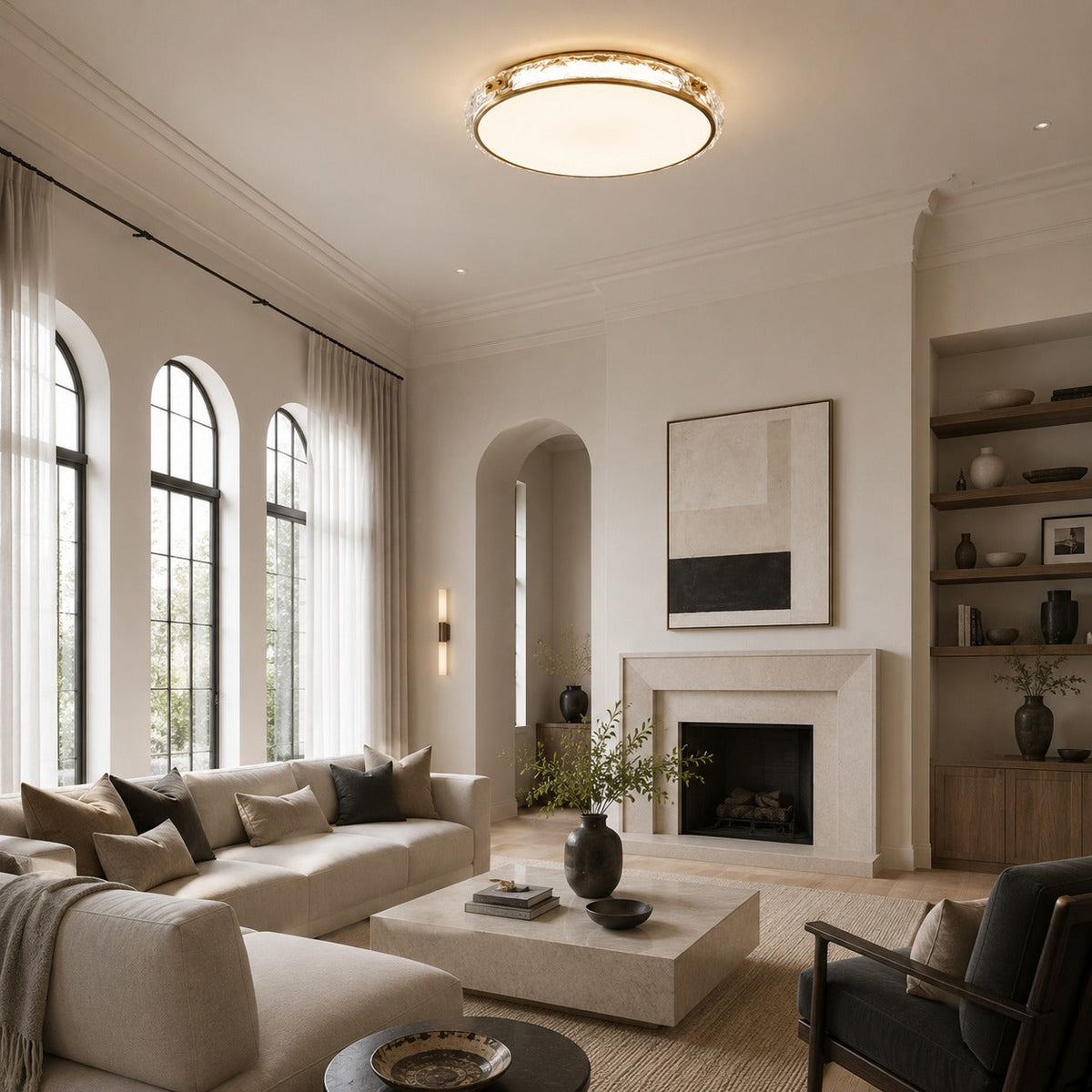 Modern Flush Mount Ceiling Light — Copper Trim, Glass Diffuser, Soft Ambient Glow