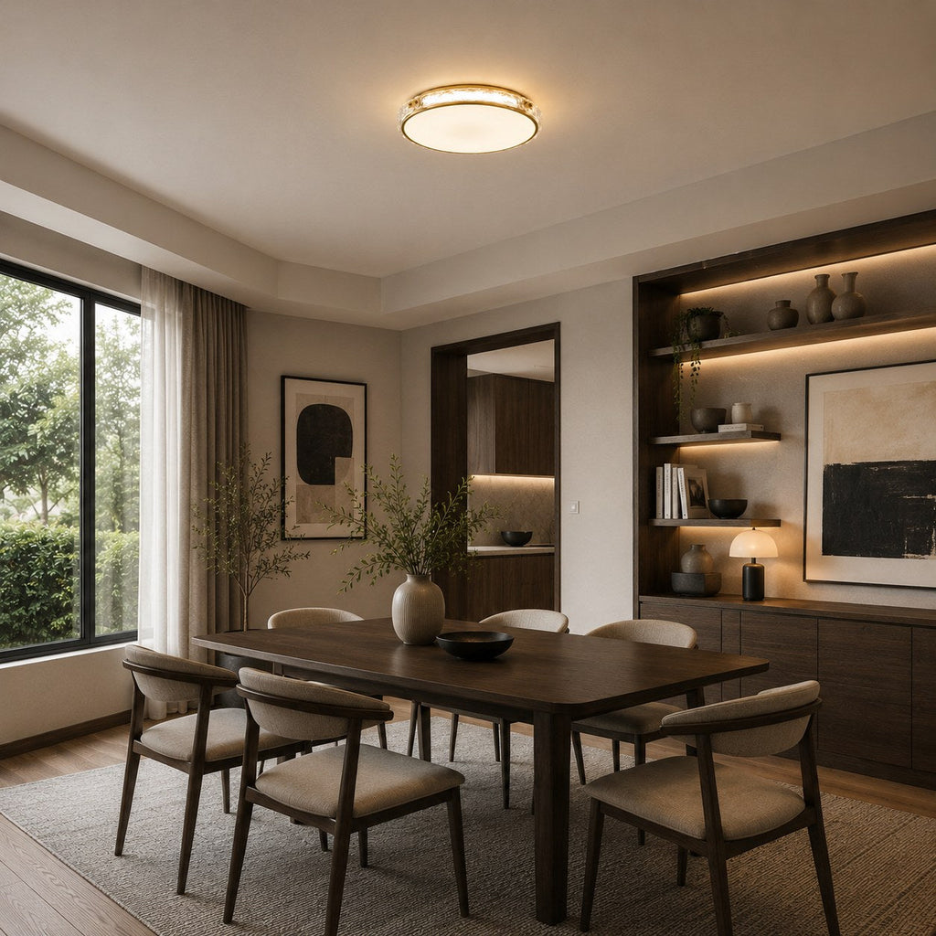 Modern Flush Mount Ceiling Light — Copper Trim, Glass Diffuser, Soft Ambient Glow