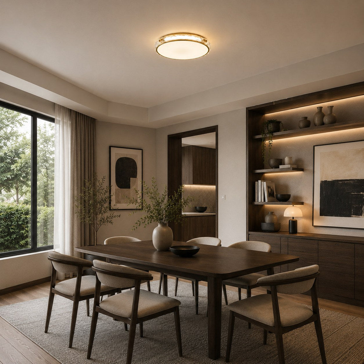 Modern Flush Mount Ceiling Light — Copper Trim, Glass Diffuser, Soft Ambient Glow