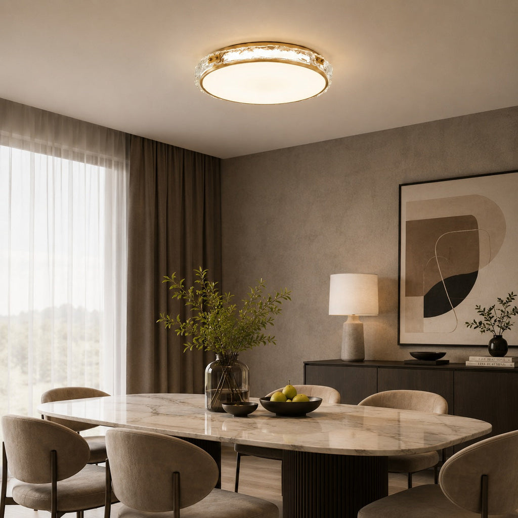 Modern Flush Mount Ceiling Light — Copper Trim, Glass Diffuser, Soft Ambient Glow