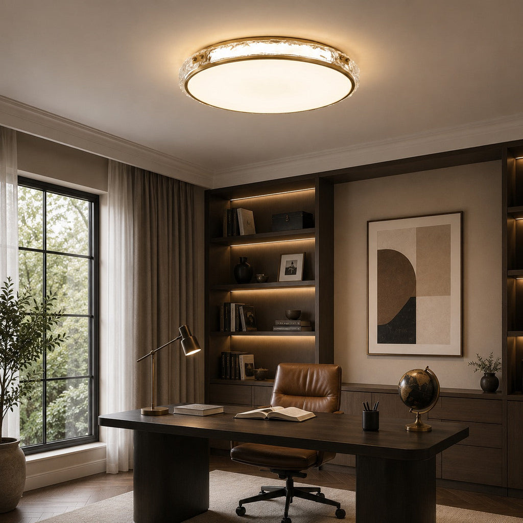 Modern Flush Mount Ceiling Light — Copper Trim, Glass Diffuser, Soft Ambient Glow